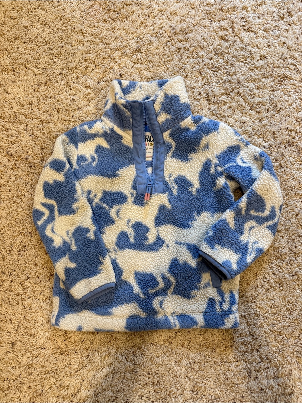Kids Blue & White Sherpa Half-Zip Hoodie with Horse Print